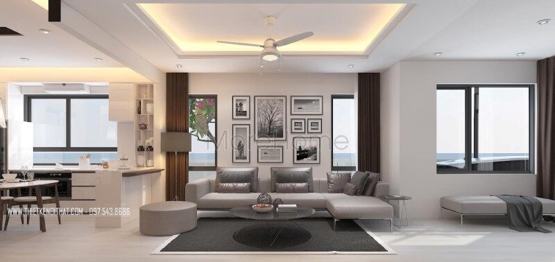Trung tâm của phòng khách biệt thự, nhà phố là một thiết kế sofa góc hiện đại bọc da màu xám bóng cao cấp kết hợp với chân sắt thanh thoát và tinh tế.